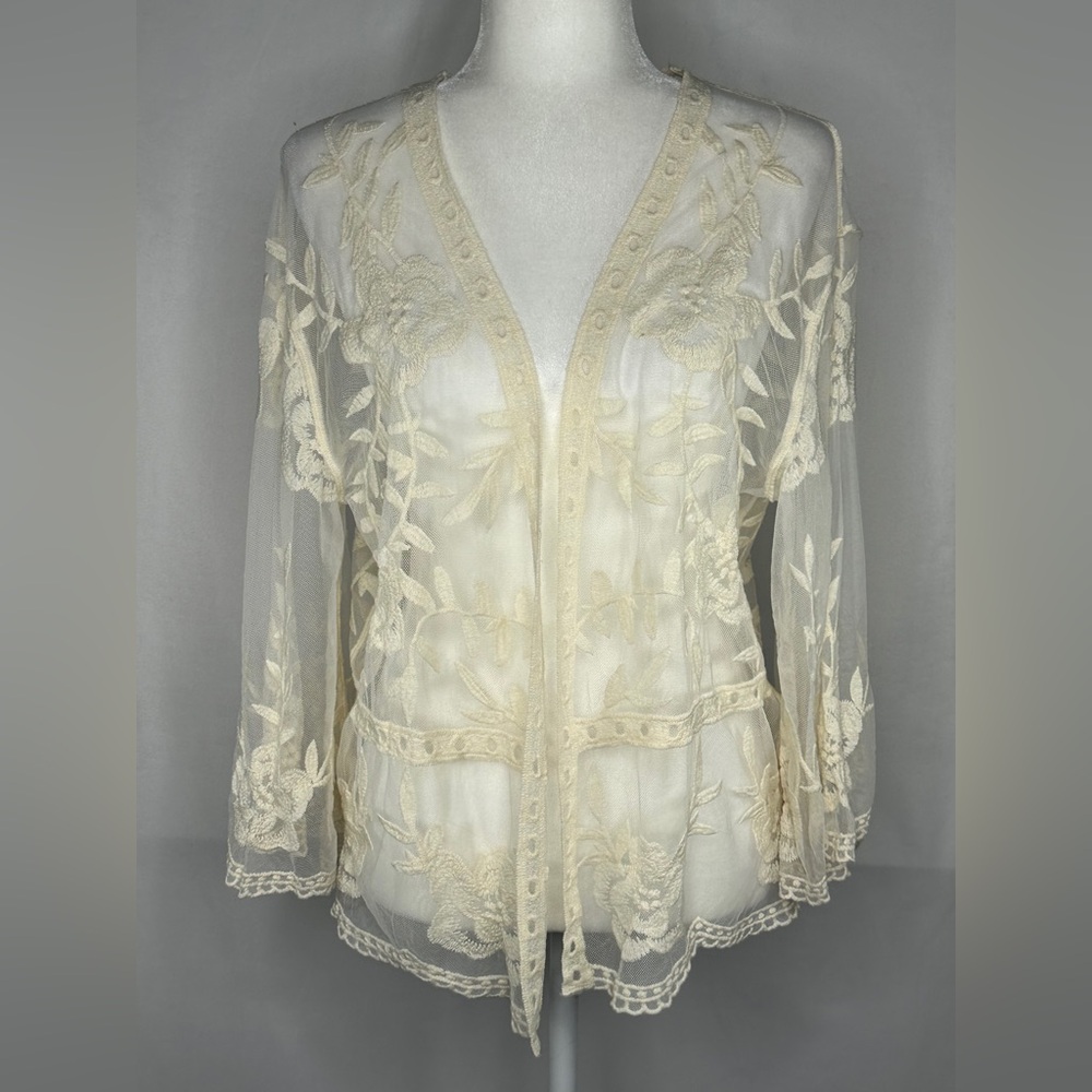 Xhilaration Cream Embroidered Kimono Open Front Bell Sleeve Bohemian Sz XL